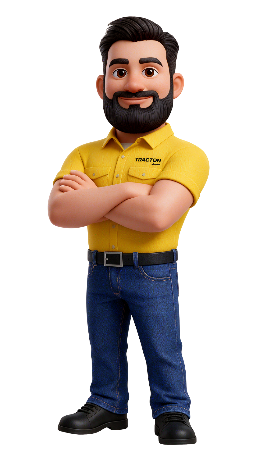 Mascote oficial da TRACTON com uniforme amarelo e braços cruzados